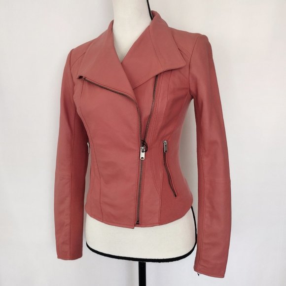 Marc New York Coral Pink Felix Knit Panel Moto Leather Jacket - Picture 2 of 16